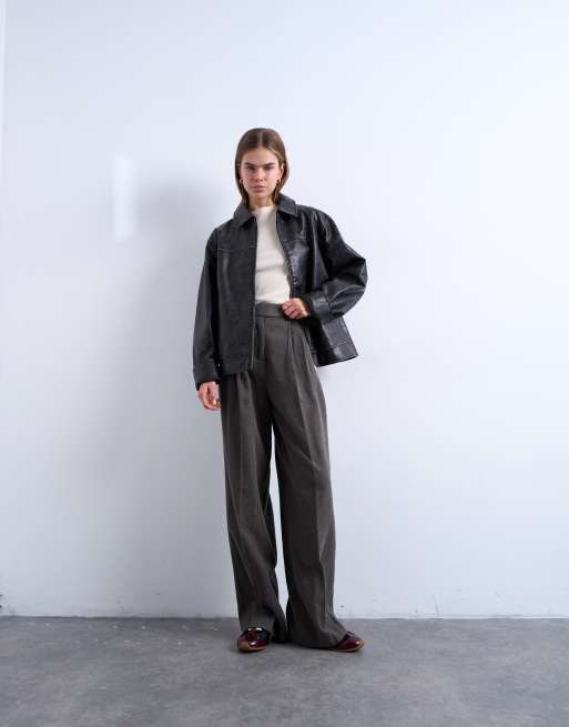 Topshop high waisted herringbone double pleated front pants in