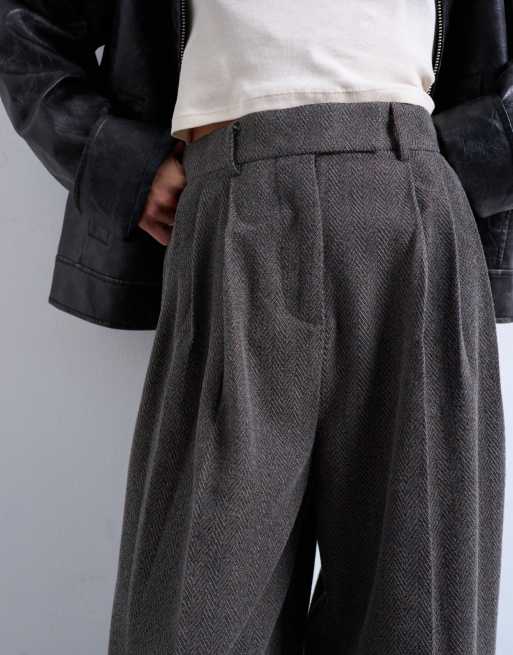 Topshop high waisted herringbone double pleated front pants in
