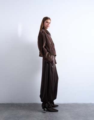 Topshop Topshop high waisted satin cuffed balloon pant in brown