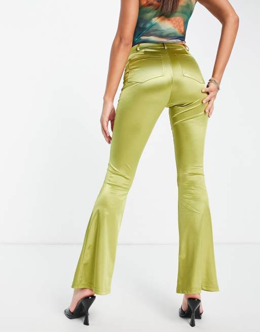 Topshop high waisted slinky satin flared pants in green