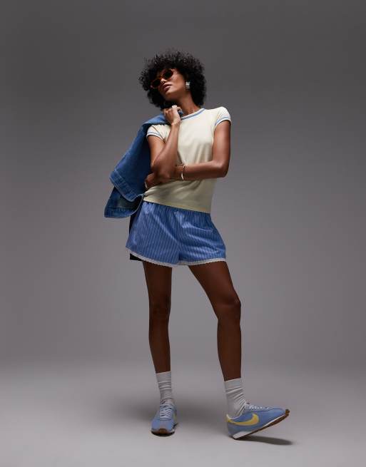 Topshop high waisted striped lace trim boxer shorts in blue