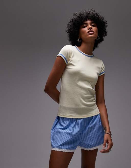 Topshop high waisted striped lace trim boxer shorts in blue, 3 of 5