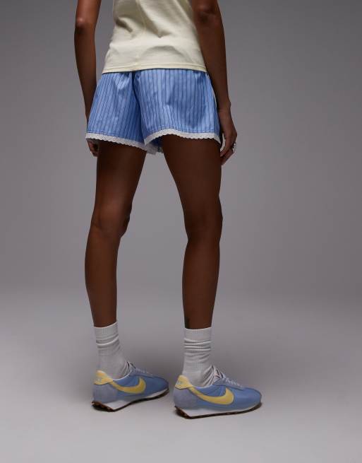 Topshop high waisted striped lace trim boxer shorts in blue, 4 of 5