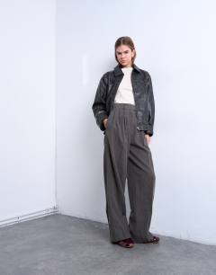 High waisted two pleat herringbone pleated front trouser in grey