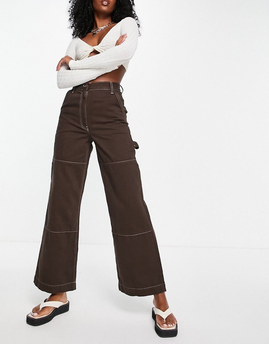 Topshop high waisted workwear straight leg cargo pants in chocolate-Brown