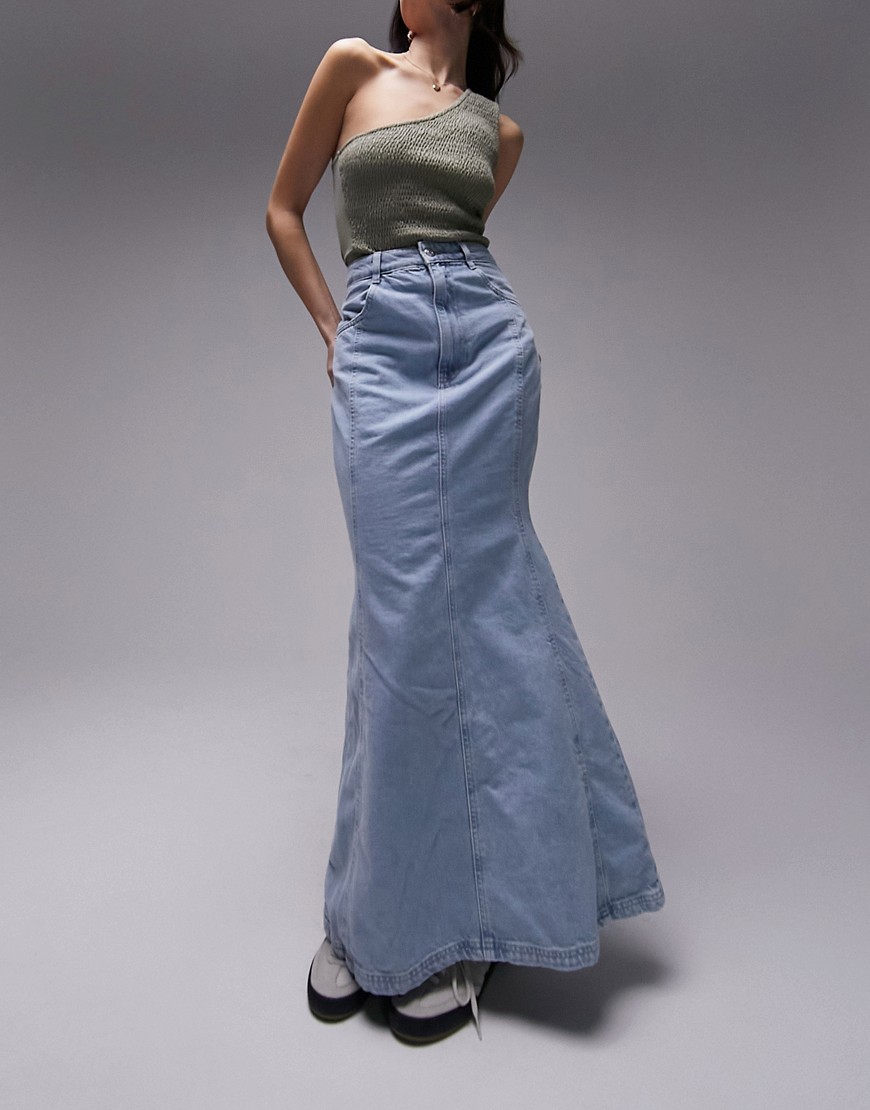 Topshop highwaist denim fishtail skirt in bleach-Blue
