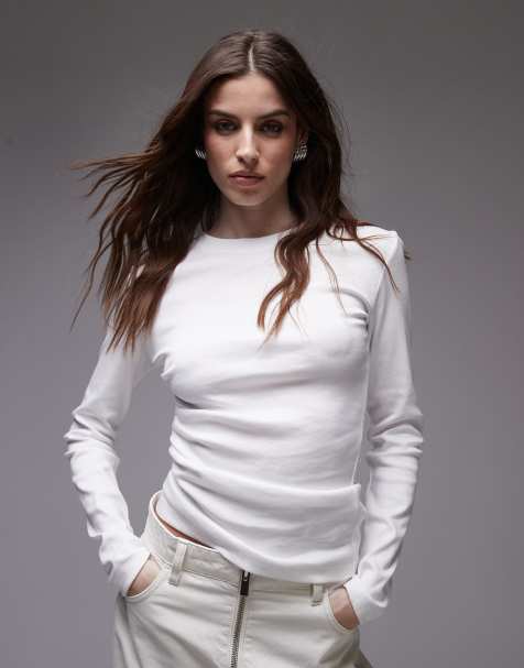 Topshop hitched side long sleeve top in ivory