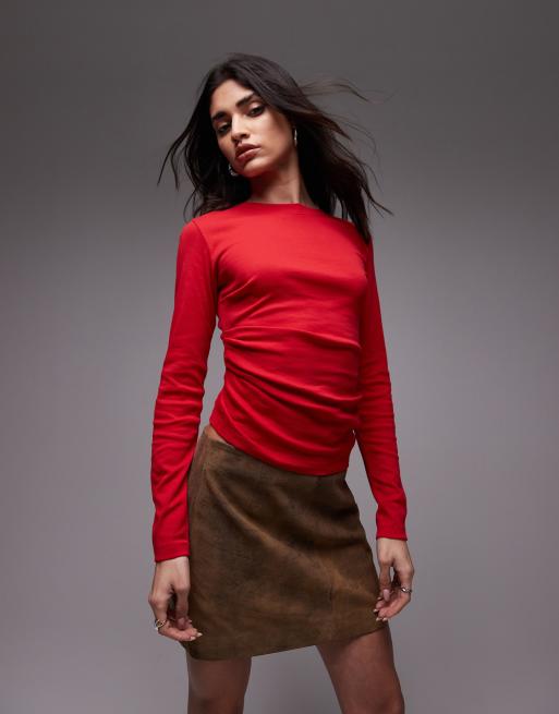 Topshop hitched side long sleeve top in red