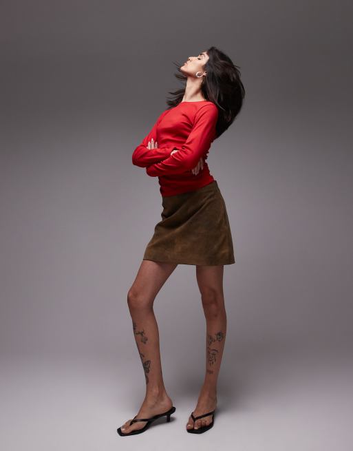 Topshop hitched side long sleeve top in red
