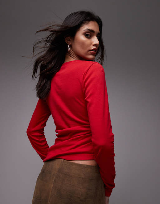 Topshop hitched side long sleeve top in red
