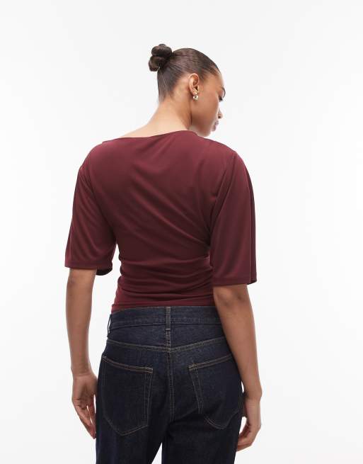 Topshop hitched side short sleeve jersey top in burgundy, 2 of 4