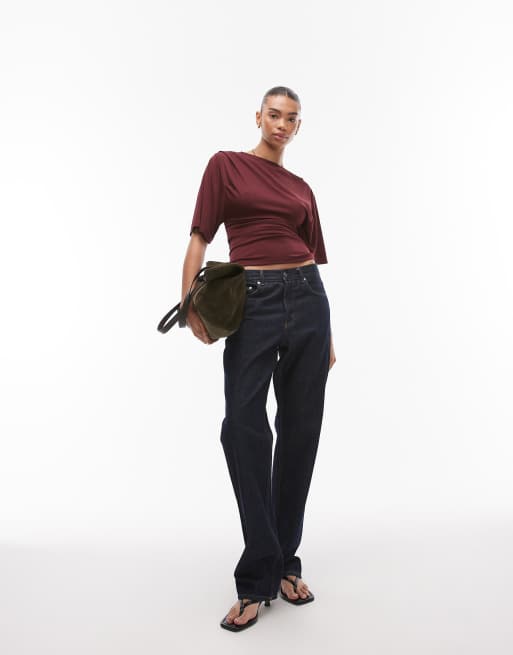 Topshop hitched side short sleeve jersey top in burgundy, 4 of 4