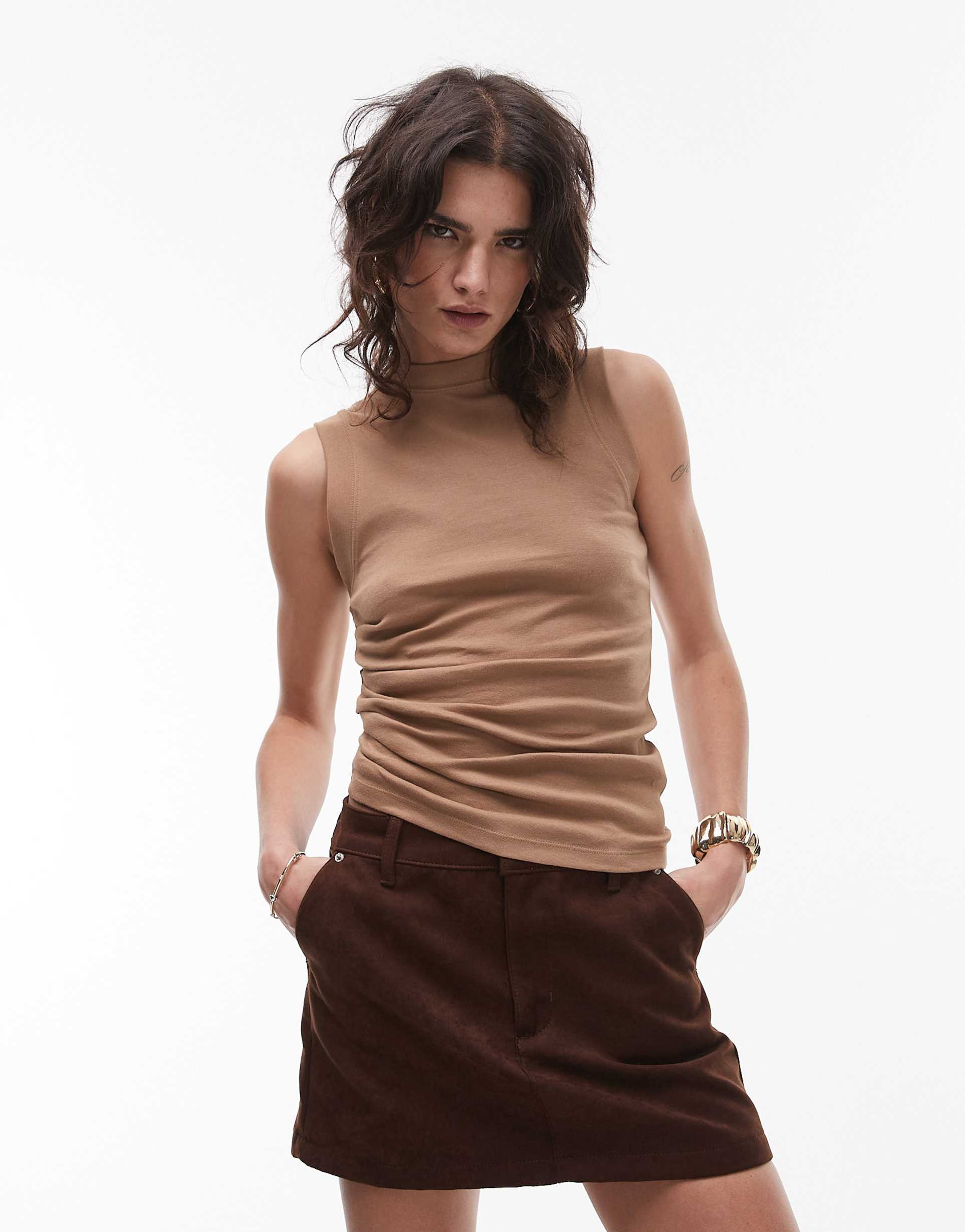topshop hitched side tank top in fudge brown