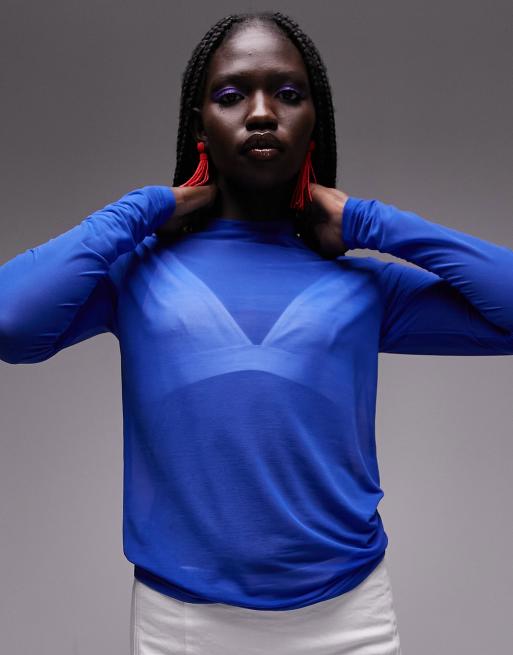Topshop - Højhalset og koboltblå top med lange ærmer i mesh, 3 af 4