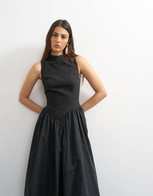 Topshop - Højhalset sort maxikjole med asymmetrisk talje og boblekant, 2 af 4
