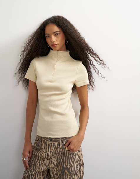 Topshop højhalset top med gennemgående lynlås, korte ærmer og rib i creme - view 1