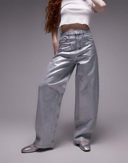 Topshop - Højtaljede og baggy jeans i sølvfarve med folieeffekt