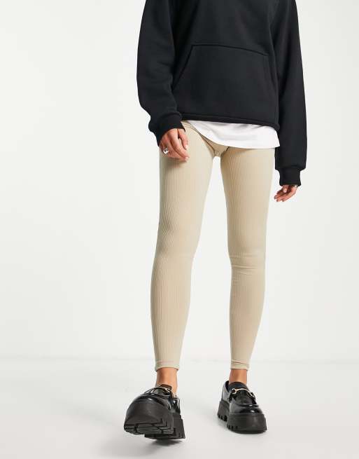 Topshop - Højtaljede ribstrikkede skinny-leggings i gråbrun 