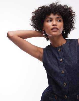 Topshop - Hochgeschlossene Jeansweste aus unbehandeltem Denim in Indigoblau