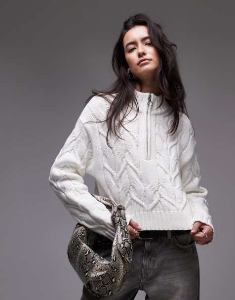 Topshop – Hochgeschlossene Strickjacke in Elfenbeinweiß mit Zopfmuster - view 1