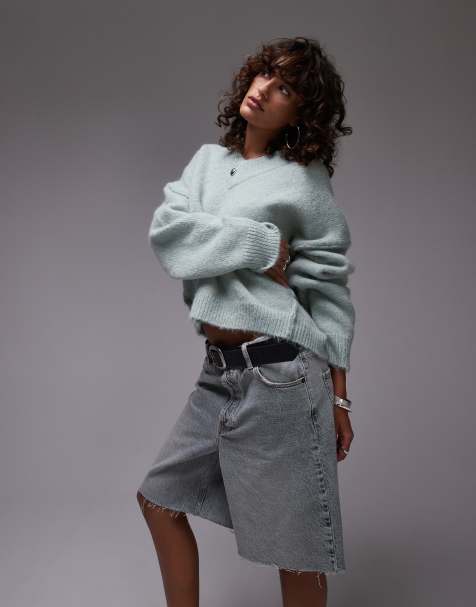 Topshop – Hochgeschlossener, flauschiger Strickpullover in Grün mit V-Ausschnitt - view 1
