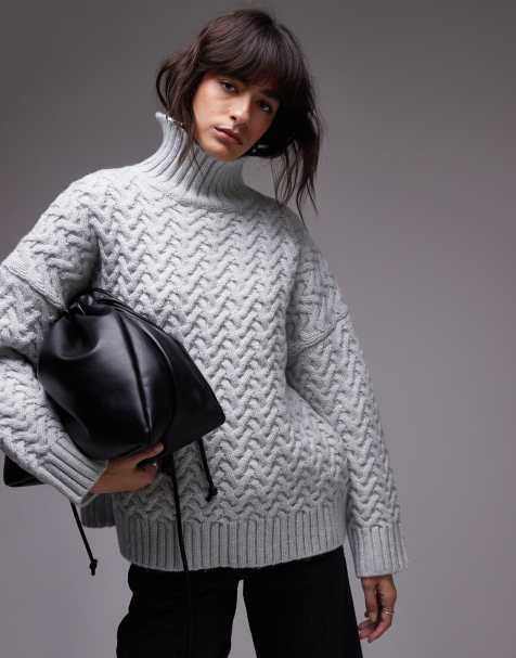 Topshop – Hochgeschlossener Oversize-Strickpullover in Hellblau mit Wellen-Zopfmuster - view 1