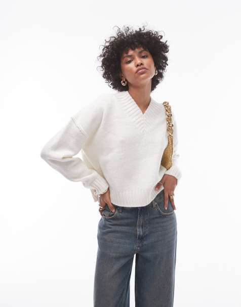 Topshop – Hochgeschlossener, schlichter Strickpullover in Elfenbein mit V-Ausschnitt - view 1