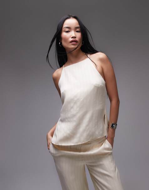 Topshop – Hochgeschlossenes Camisole-Oberteil in Elfenbeinweiß mit Nadelstreifen, Kombiteil - view 1