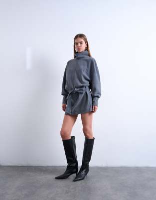 Topshop - Hochgeschlossenes, langärmliges Minikleid aus echtem Wildleder in Petrolblau mit geraffter Taille