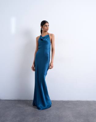 Topshop - Hochgeschlossenes Maxikleid in Petrol mit Wasserfallausschnitt-Rosa