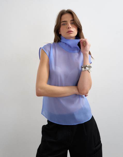 Topshop – Hochgeschlossenes, transparentes Organza-Oberteil in Kornblumenblau mit angesetzten Ärmeln - view 1