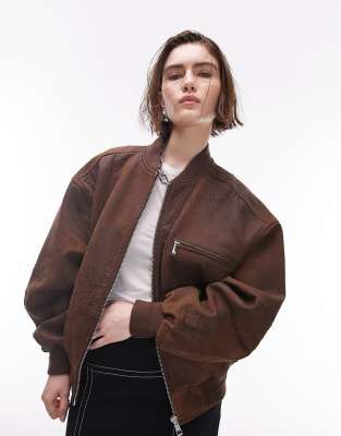 Topshop - Hochwertige Bomberjacke aus echtem Wildleder in Braun-Brown