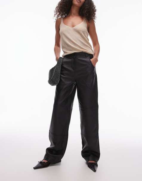 Topshop – Hochwertige, gerade geschnittene Basic-Hose aus Echtleder in Schwarz - view 1