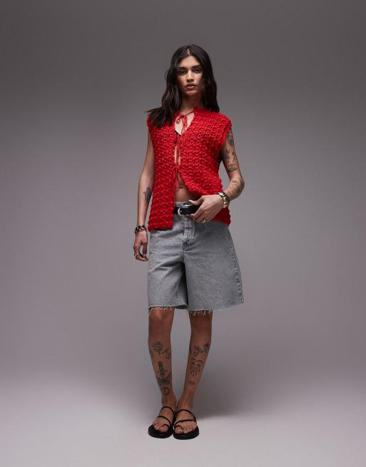 Topshop – Hochwertige handgestrickte Weste in Rot mit Schnürung, 4 von 4