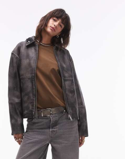 Topshop – Hochwertige Jacke aus echtem Leder in Schwarz mit mittigem Reißverschluss und Verzierungen - view 1