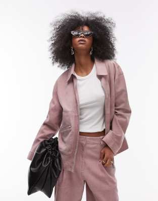 Topshop - Hochwertige Jacke aus echtem Wildleder in Rosa mit Nahtdetail, Kombiteil