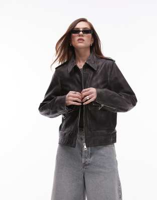 Topshop - Hochwertige Jacke aus Echtleder in Schwarz mit Reißverschluss