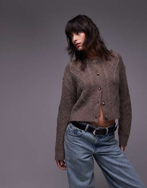 Topshop – Hochwertige Kaschmir-Strickjacke in Hellbeige mit Zopfmuster - view 1
