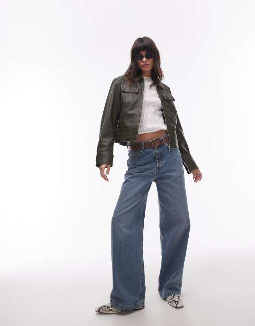 Topshop – Hochwertige Lederjacke in Dunkelgrün mit kastigem Schnitt, 3 von 4