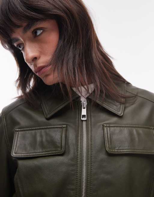 Topshop – Hochwertige Lederjacke in Dunkelgrün mit kastigem Schnitt, 4 von 4