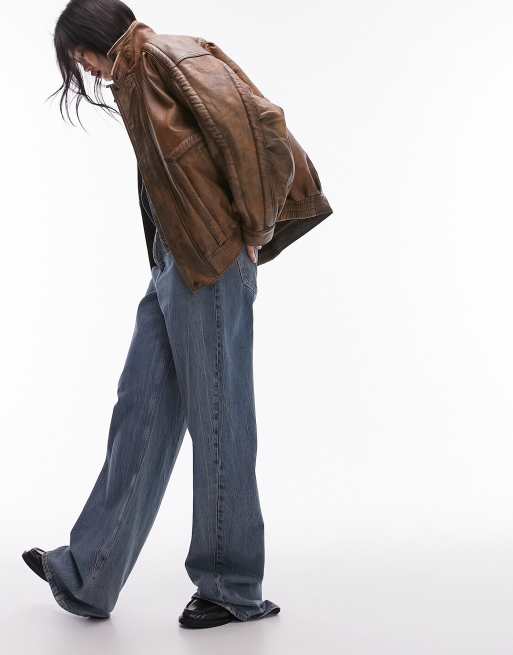 Topshop – Hochwertige Oversize-Bomberjacke aus Echtleder in Hellbraun, 4 von 5