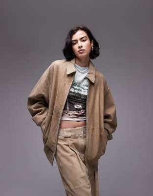 Topshop - Hochwertige Oversize-Bomberjacke aus Echtleder und weichem Wildleder in Sand-Neutral