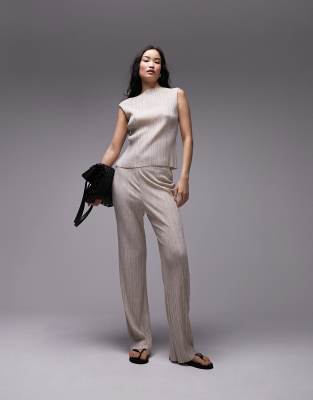 Topshop - Hochwertige, plissierte Hose mit weitem Schnitt in leicht meliertem Beige-Neutral