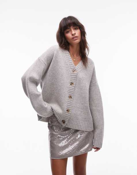 Topshop – Hochwertige Strickjacke aus 100% Lammwolle in Hellgrau mit V-Ausschnitt und lockerem Schnitt - view 1