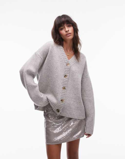 Topshop – Hochwertige Strickjacke aus 100% Lammwolle in Hellgrau mit V-Ausschnitt und lockerem Schnitt