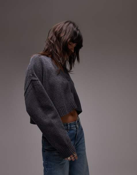 Topshop – Hochwertige Strickjacke aus Merinowolle in Anthrazit mit lockerem Schnitt - view 1