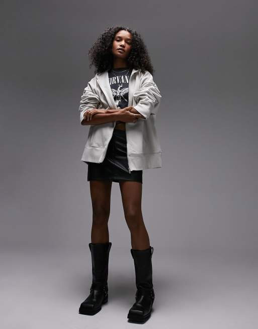 Topshop – Hochwertige Super-Oversize-Kapuzenjacke in Steinbeige