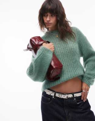 Topshop - Hochwertiger, gerippter Pullover in Grün mit 70% Mohair-Anteil und lockerem Schnitt