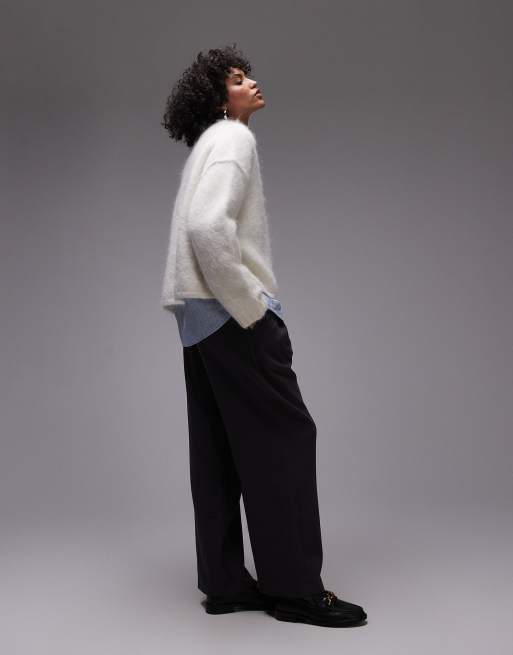 Topshop – Hochwertiger, kastiger Strickpullover aus Alpaka-Wolle in Elfenbeinweiß mit Rundhalsausschnitt, 2 von 4