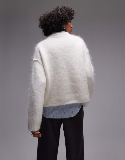Topshop – Hochwertiger, kastiger Strickpullover aus Alpaka-Wolle in Elfenbeinweiß mit Rundhalsausschnitt, 4 von 4